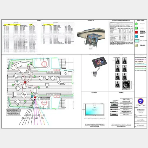 System design drawing with a floor plan and equipment schedules