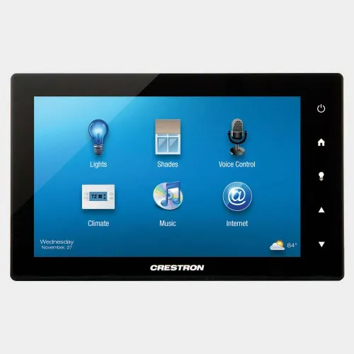 Wall-mounted touch screen with lights, shades, climate, and music controls