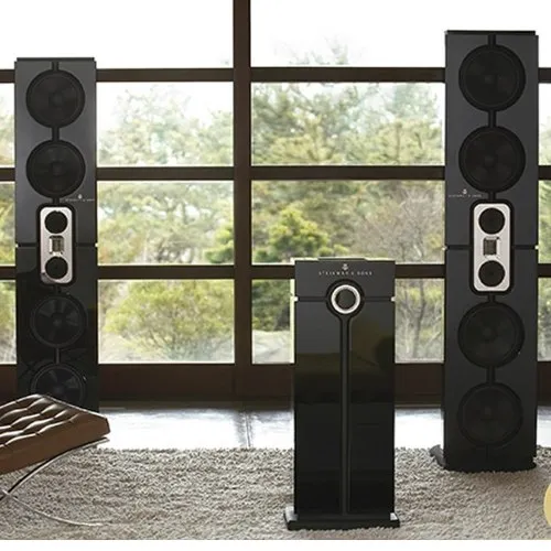 Floor-standing loudspeakers in front of tall windows
