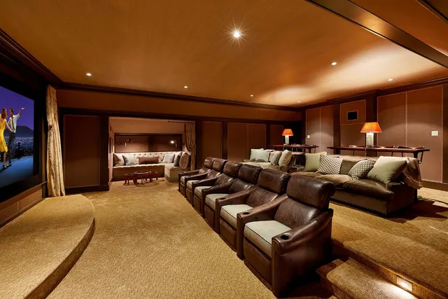 Home theater with leather recliners and a projection screen
